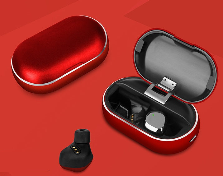 Red wireless earbuds case with a black earbud on a red background