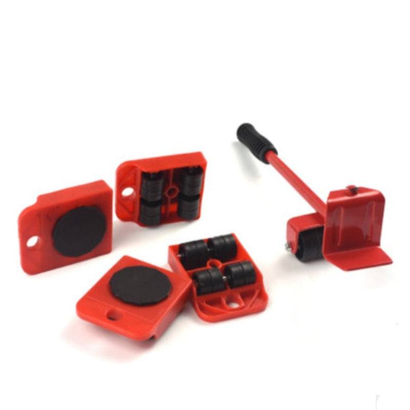 Red and black tool components on a white background