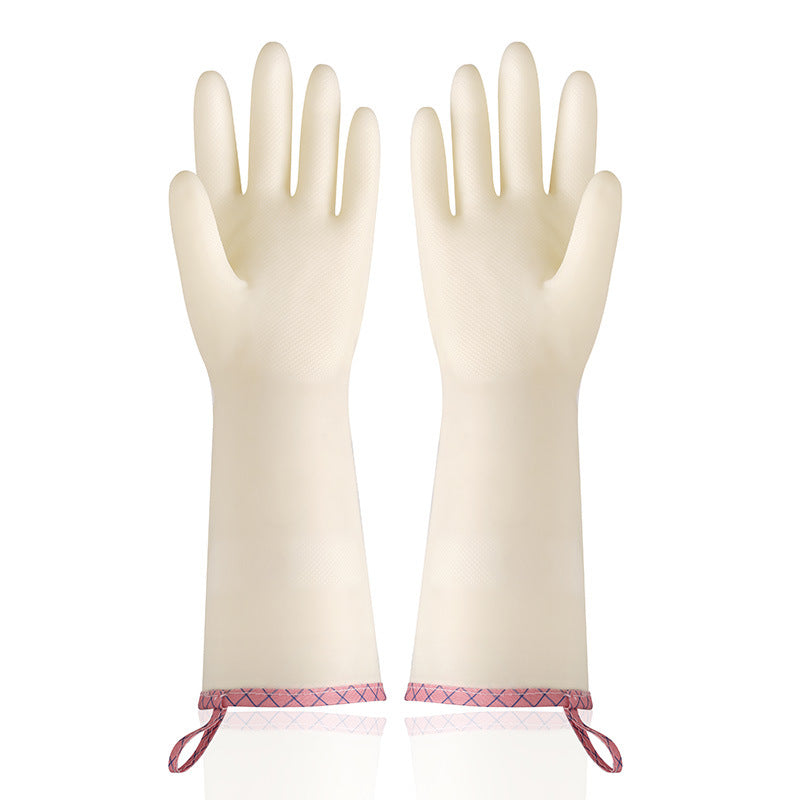 Pair of cream-colored gloves with pink wristbands on a white background
