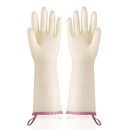Pair of cream-colored gloves with pink wristbands on a white background