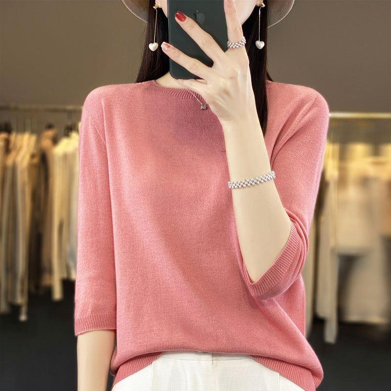 Front Line Ready-made Garments Worsted Sweater Half Sleeve Round Neck Pure Color All-matching Loose T-shirt