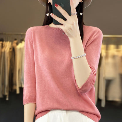 Front Line Ready-made Garments Worsted Sweater Half Sleeve Round Neck Pure Color All-matching Loose T-shirt