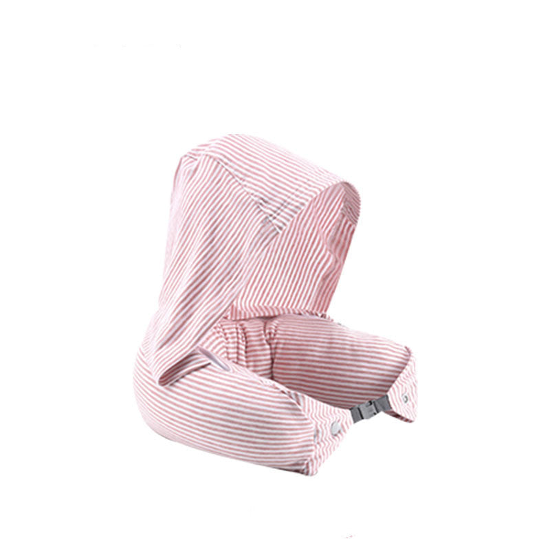 Pink and white striped baby carrier with hood on a white background