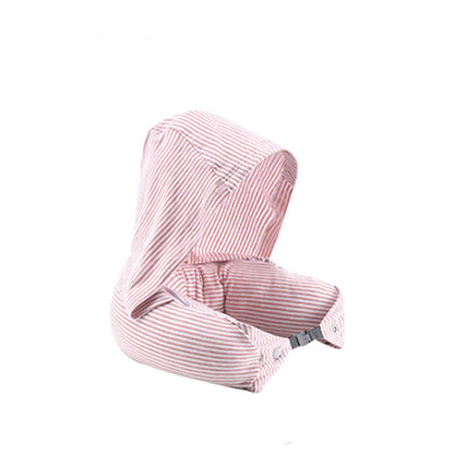 Pink and white striped baby carrier with hood on a white background