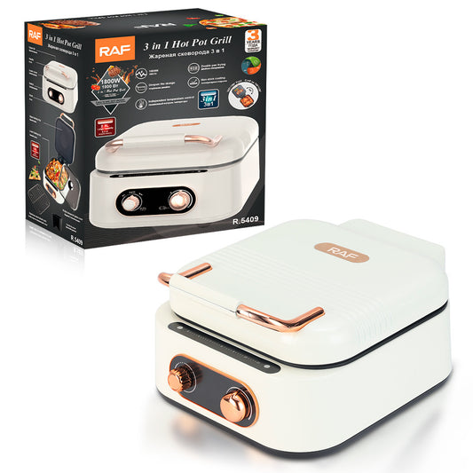 A white and rose gold multi-functional electric cooker with features highlighted such as 1800W power, deep frying, steaming, and roasting capabilities.