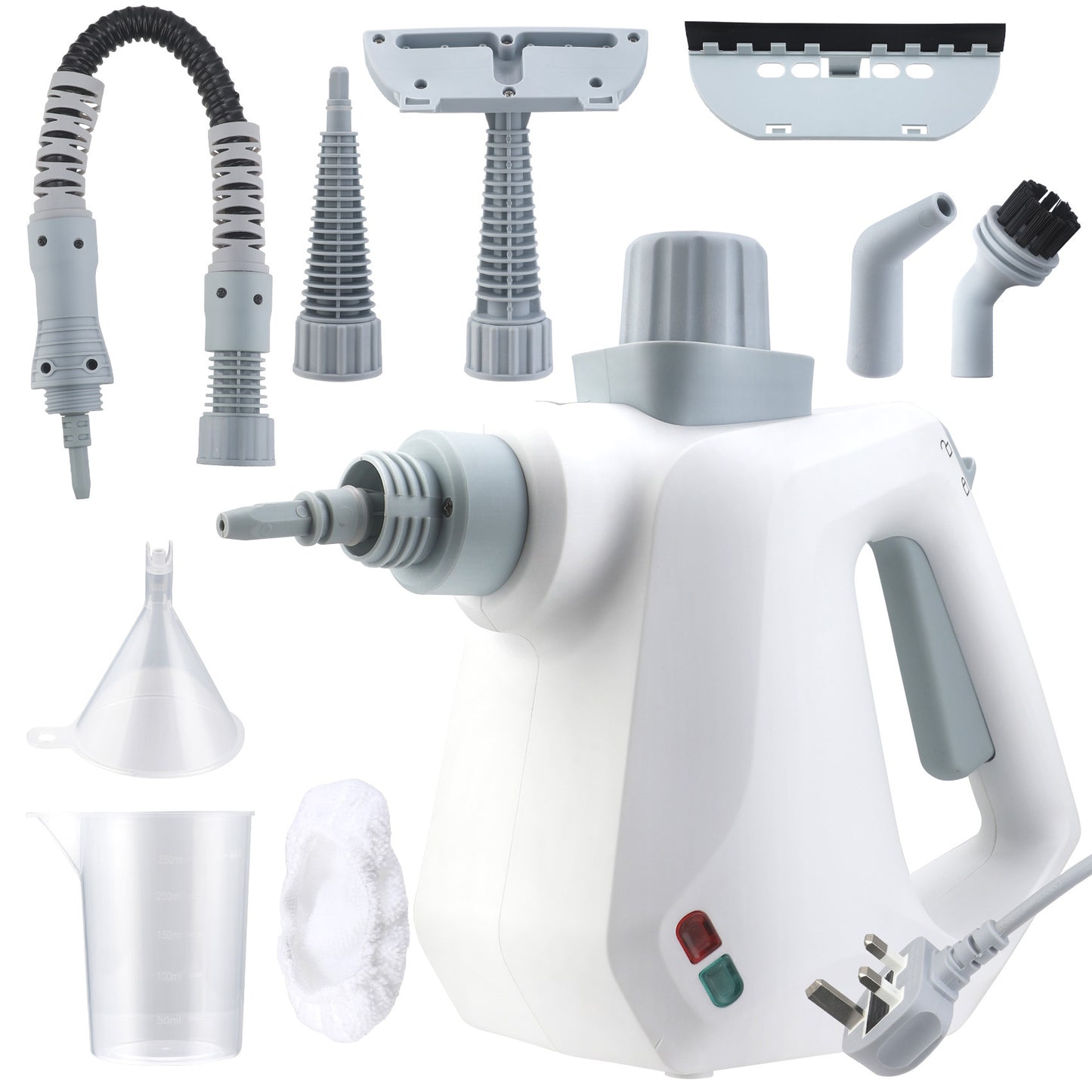 White handheld steamer with various attachments on a white background
