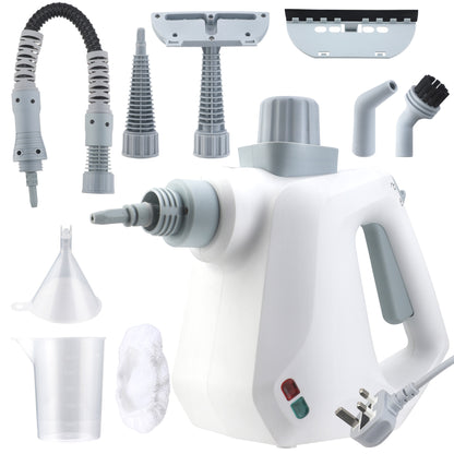 White handheld steamer with various attachments on a white background