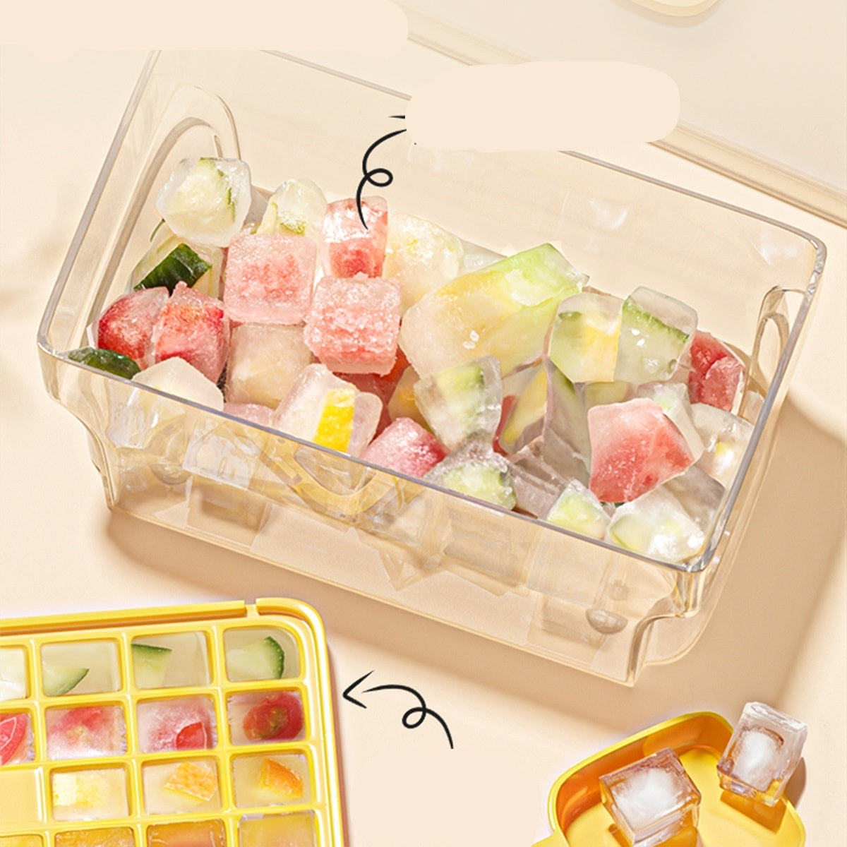 Ice cube tray with frozen fruit cubes and a yellow tray with ice cubes on a beige background.