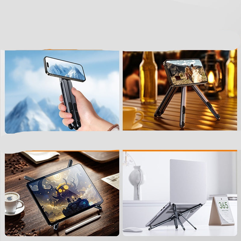 Multifunctional phone stand with various uses including selfie stick, tablet stand, and laptop stand.