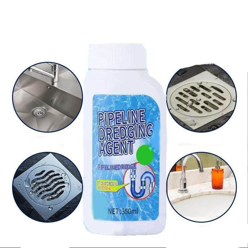 Bottle of pipeline dredging agent with scenarios including kitchen sink, bathtub drain, floor drain, and washbasin.