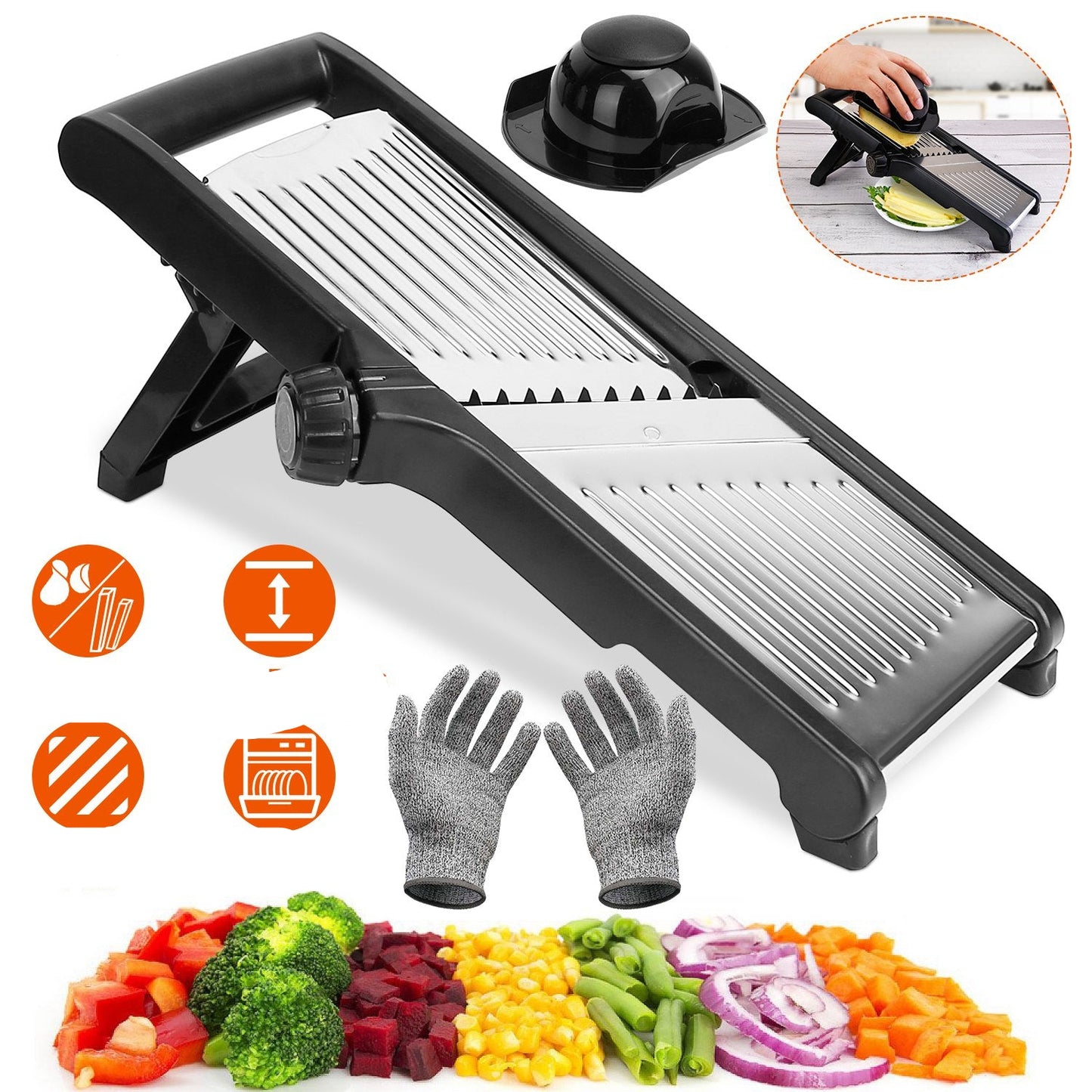 Vegetable slicer with accessories and sliced vegetables on a white background