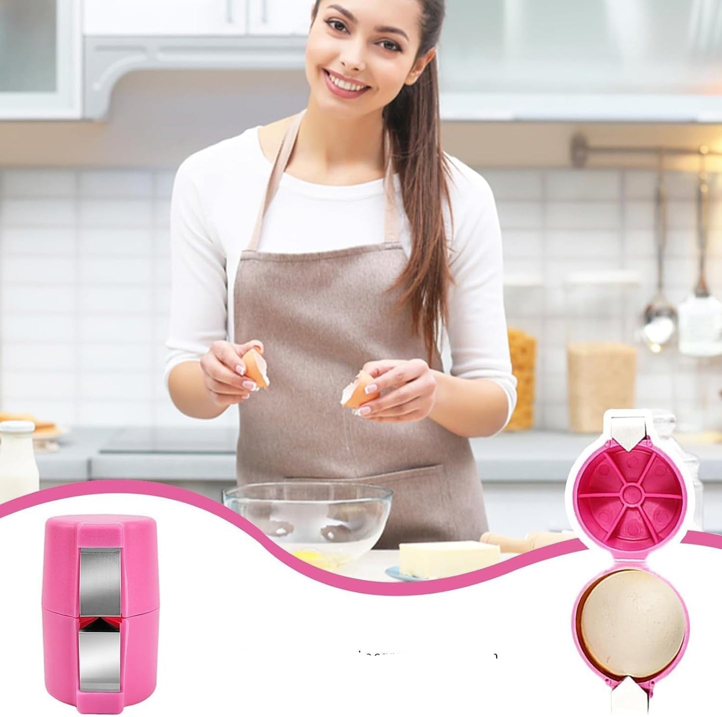 Woman in a kitchen using a pink egg opener with text on a white background