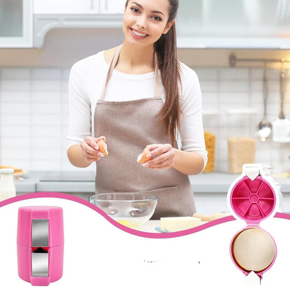 Woman in a kitchen using a pink egg opener with text on a white background
