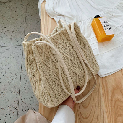 Woven Shoulder Bag For Women's Large Capacity Bucket Bag