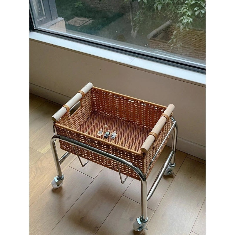 Zhonggu Rattan Trolley Storage Basket Metal Snack Rack