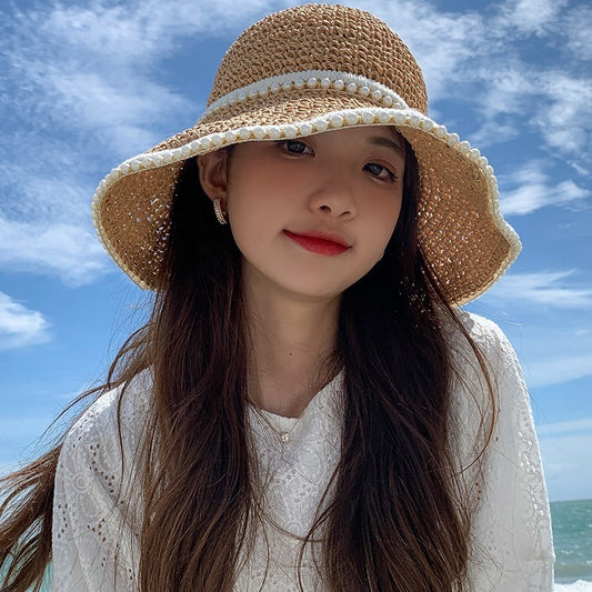 Women’s Braided Pearl Straw Sun Visor Hat