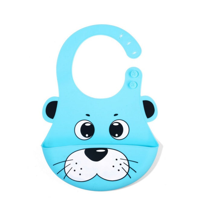Blue cartoon-style bib with a dog face on a white background