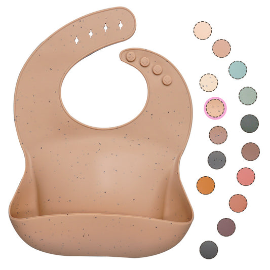 Beige silicone bib with color swatches on a white background