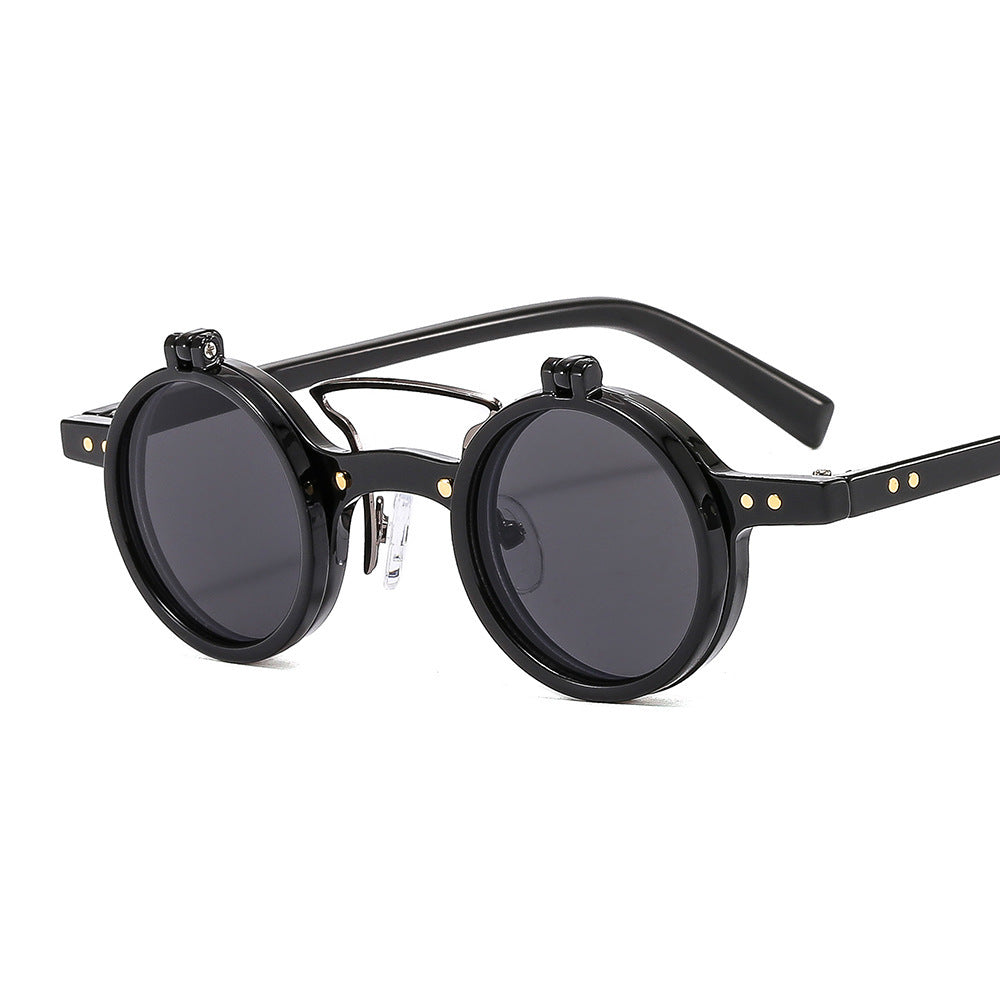 Black round sunglasses with metallic accents on a white background