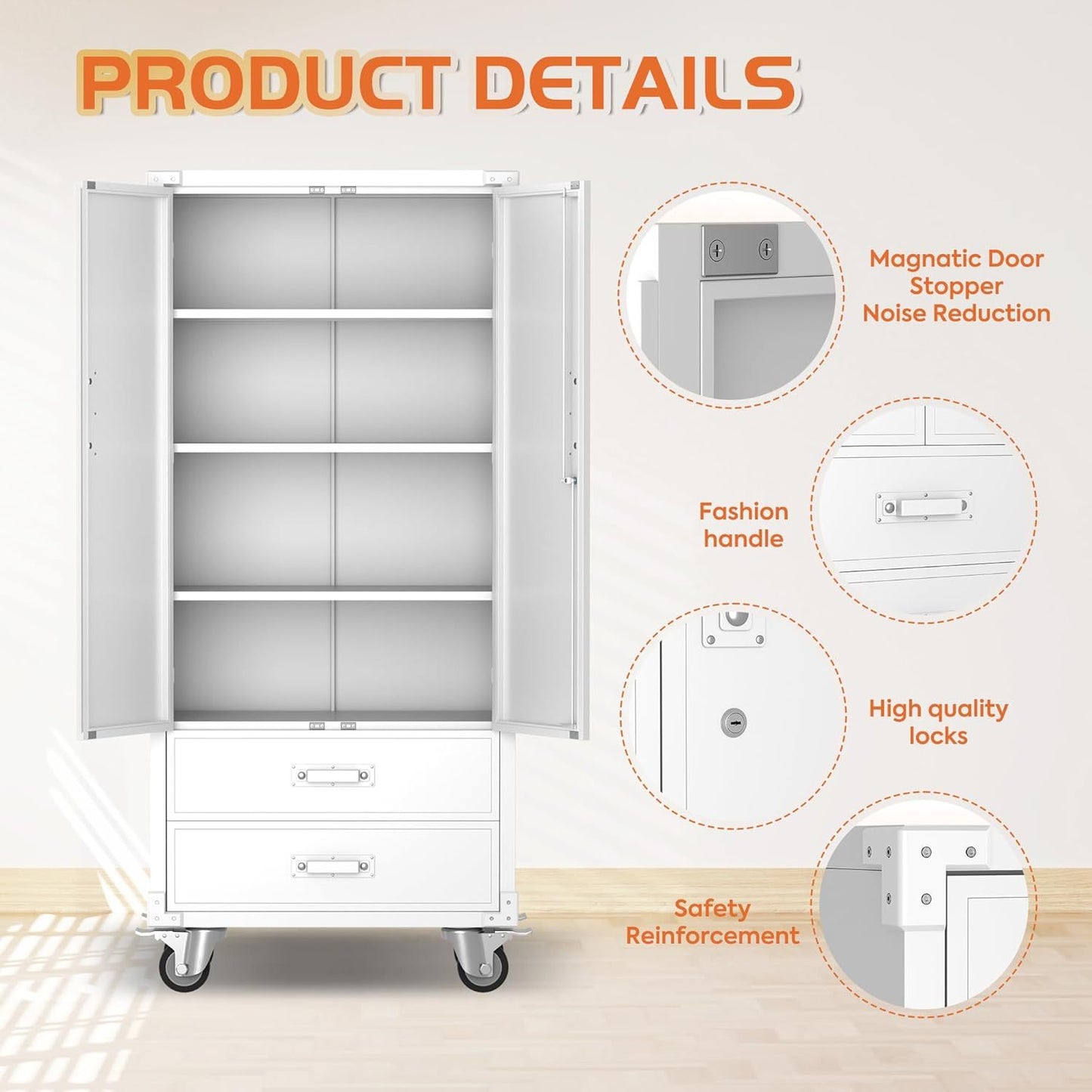Rolling Storage Cabinet With 2 Doors And 2 Drawers, Metal Storage Cabinet With Doors And Shelves, Locking Steel Cabinet For Warehouse, Home, Office White