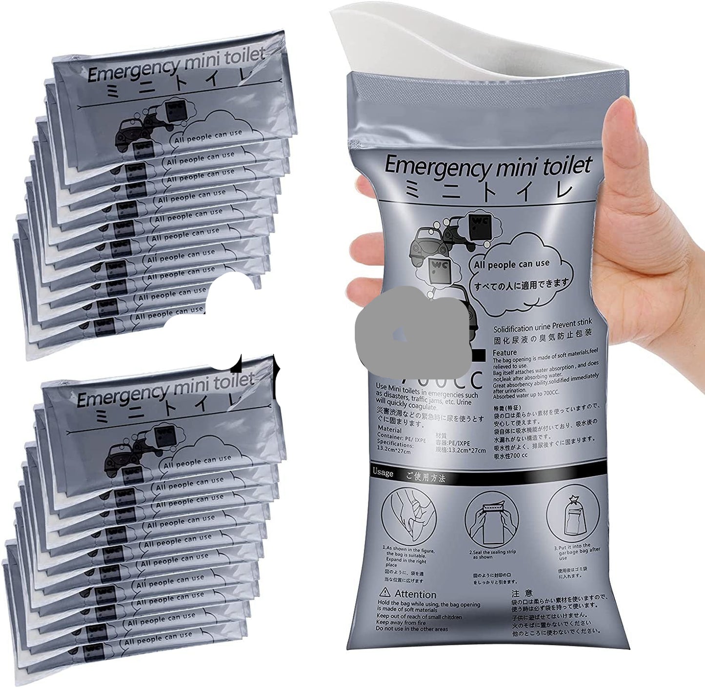 Multiple packages of emergency mini toilets with a hand holding one package labeled '4 pcs'.