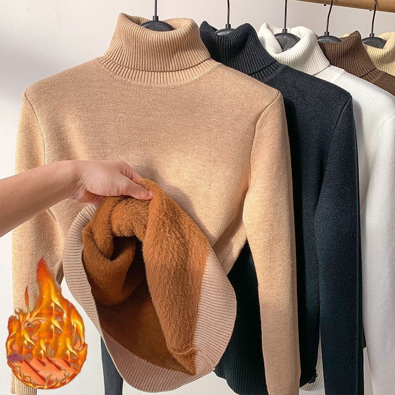 Beige turtleneck sweater with flame icon on a white background