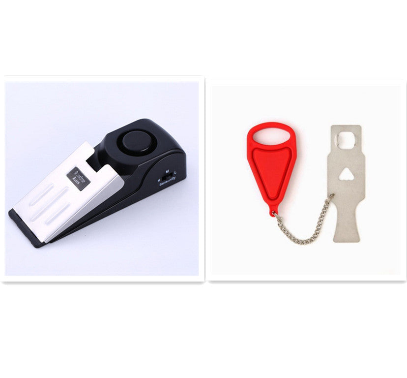 Two self-defense tools: a black and white pepper spray device and a red and silver keychain alarm on a white background.