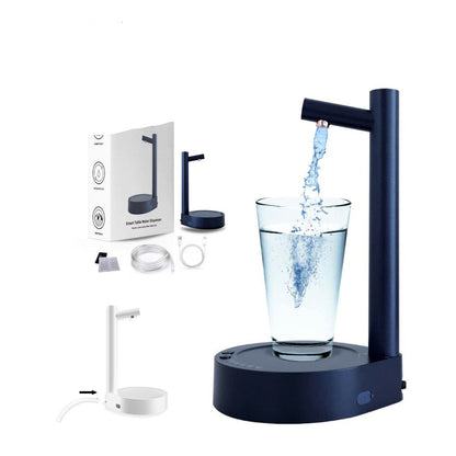 Black water dispenser pouring water into a glass with packaging and accessories on a white background.
