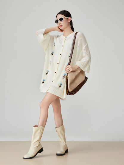 Women's White Floral Embroidered Short-sleeved Knitted Cardigan