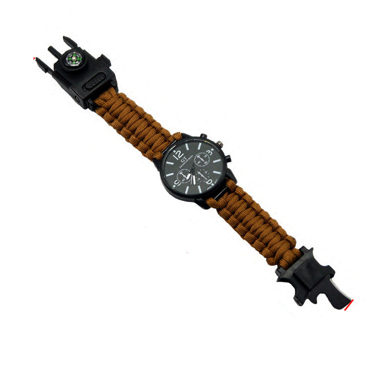 Wristwatch with brown paracord strap and black clasp, measurement text in red on a white background