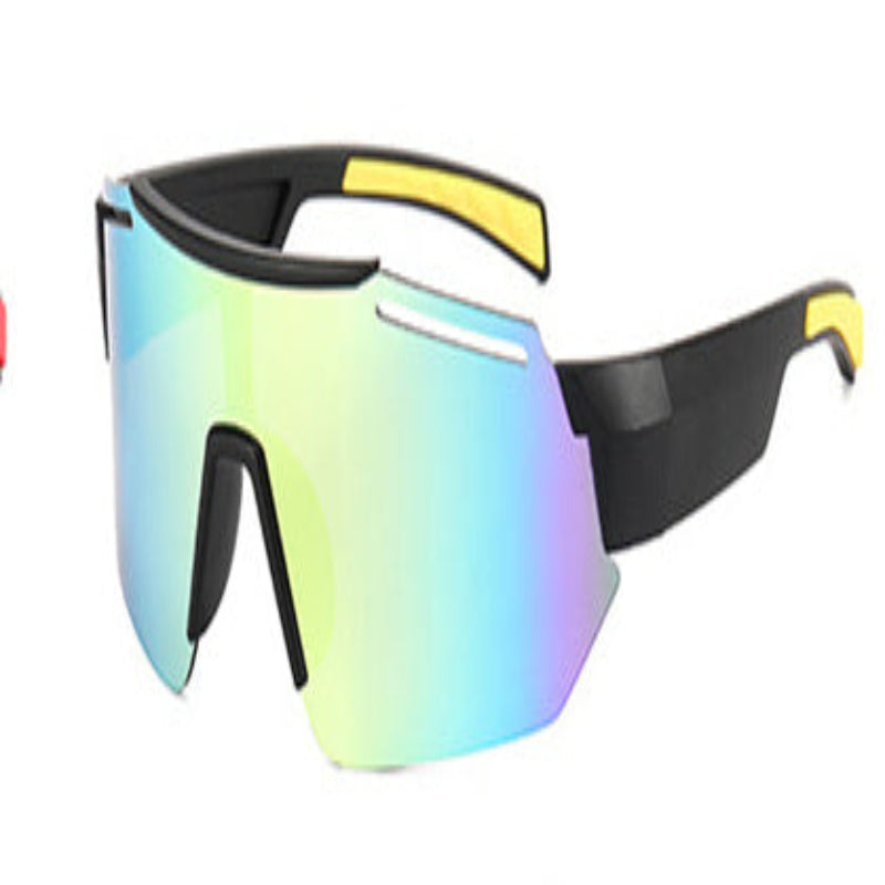 A pair of sporty sunglasses with a blue and multicolor frame and dark lenses suitable for outdoor activities.