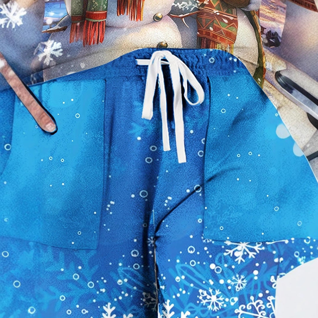 Blue shorts with snowflake pattern on a snowy background