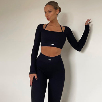 Solid Color Knitted Letter Body-Hugging Suit - Long Sleeve Top & High Waist Leggings Set