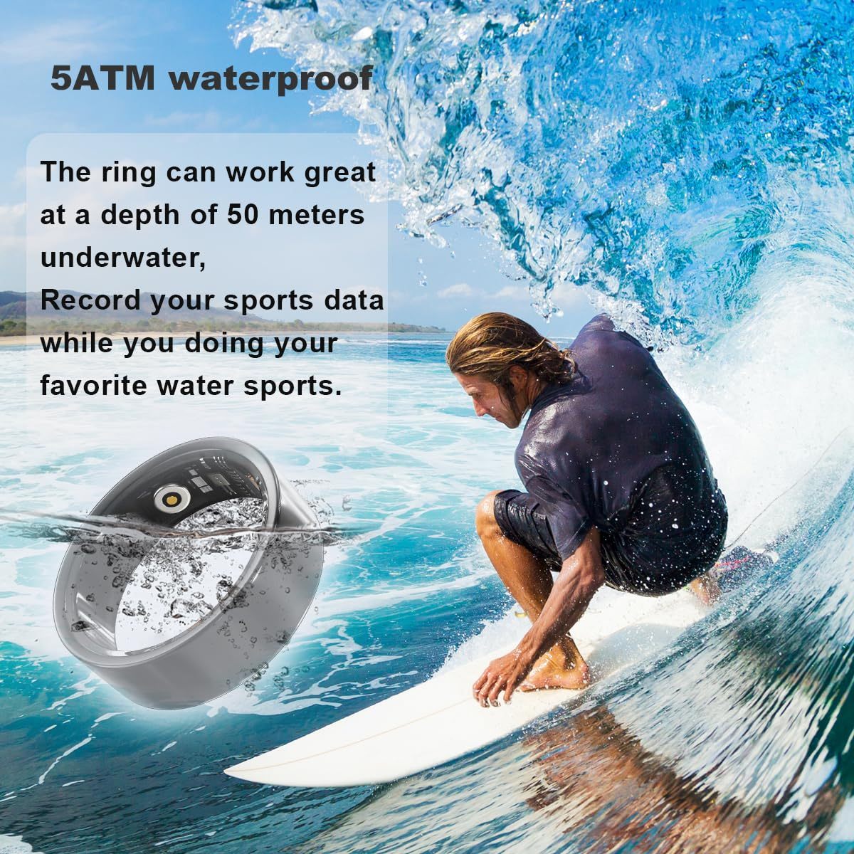 Person surfing with a waterproof device on a wave, highlighting its 5ATM waterproof feature.