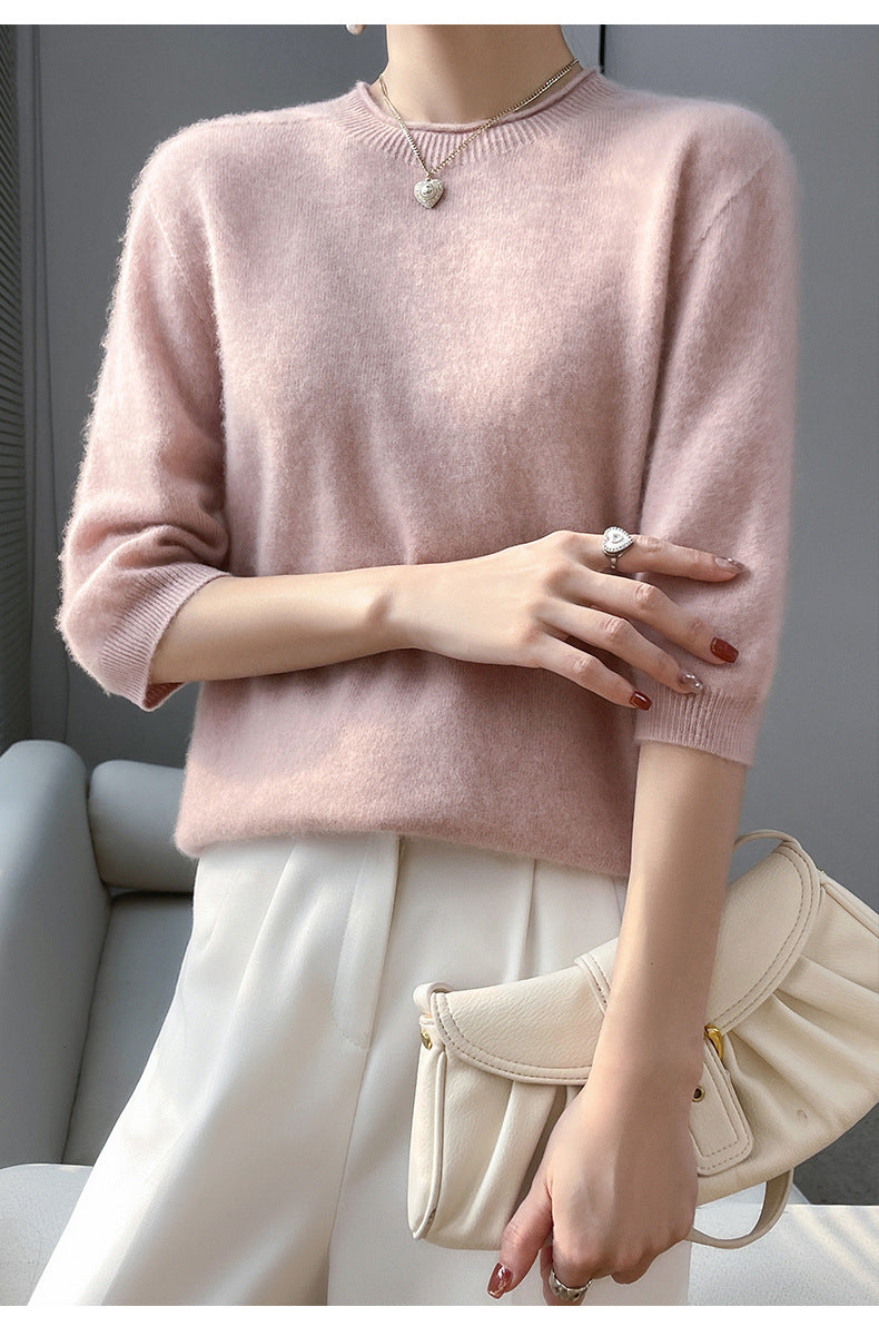 Spring Style Front Line Ready-made Garments Pure Wool Sweater Round Neck Curling Half Sleeve