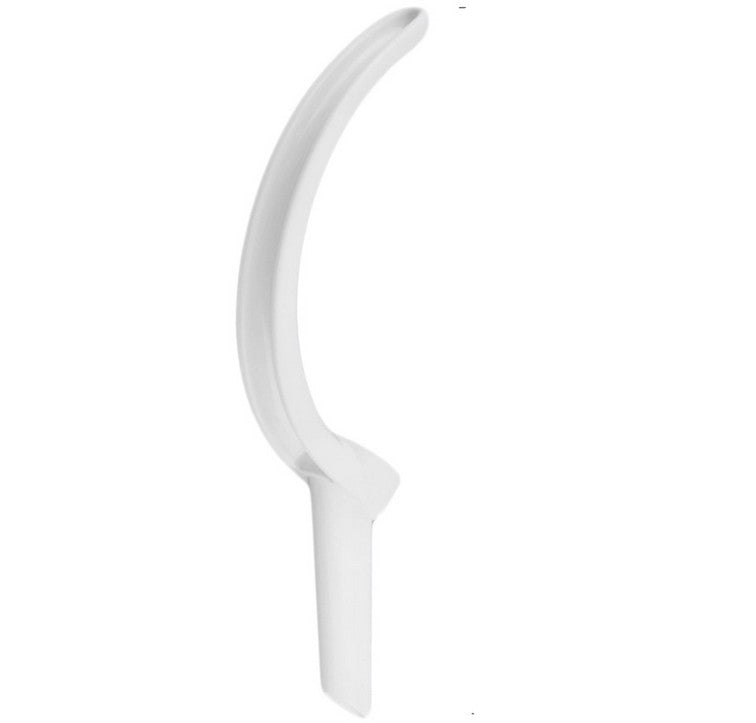 White curved object with measurement label on a white background