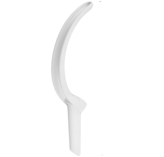White curved object with measurement label on a white background
