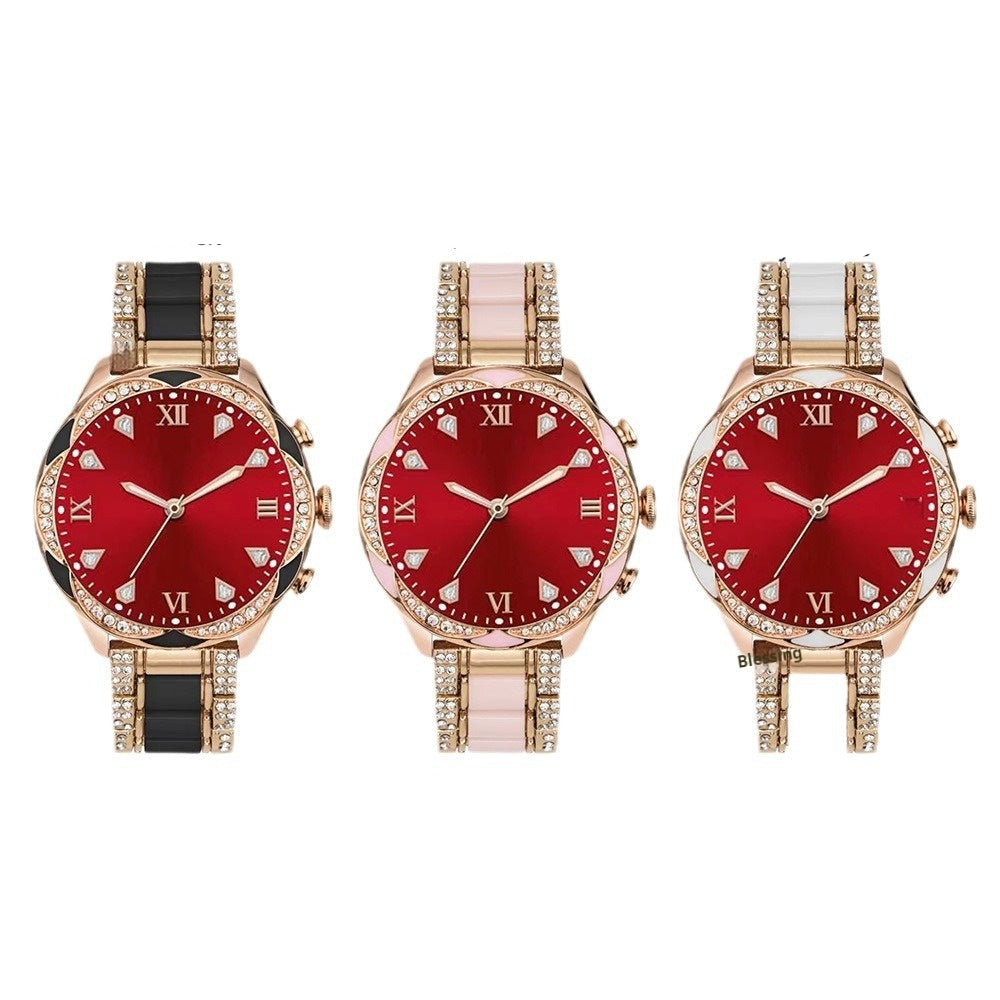 Three watches with red faces and rose gold cases, labeled 'Black', 'Pink', and 'Ivory white'.