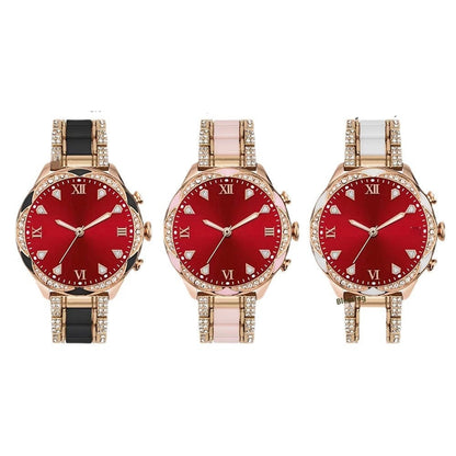 Three watches with red faces and rose gold cases, labeled 'Black', 'Pink', and 'Ivory white'.
