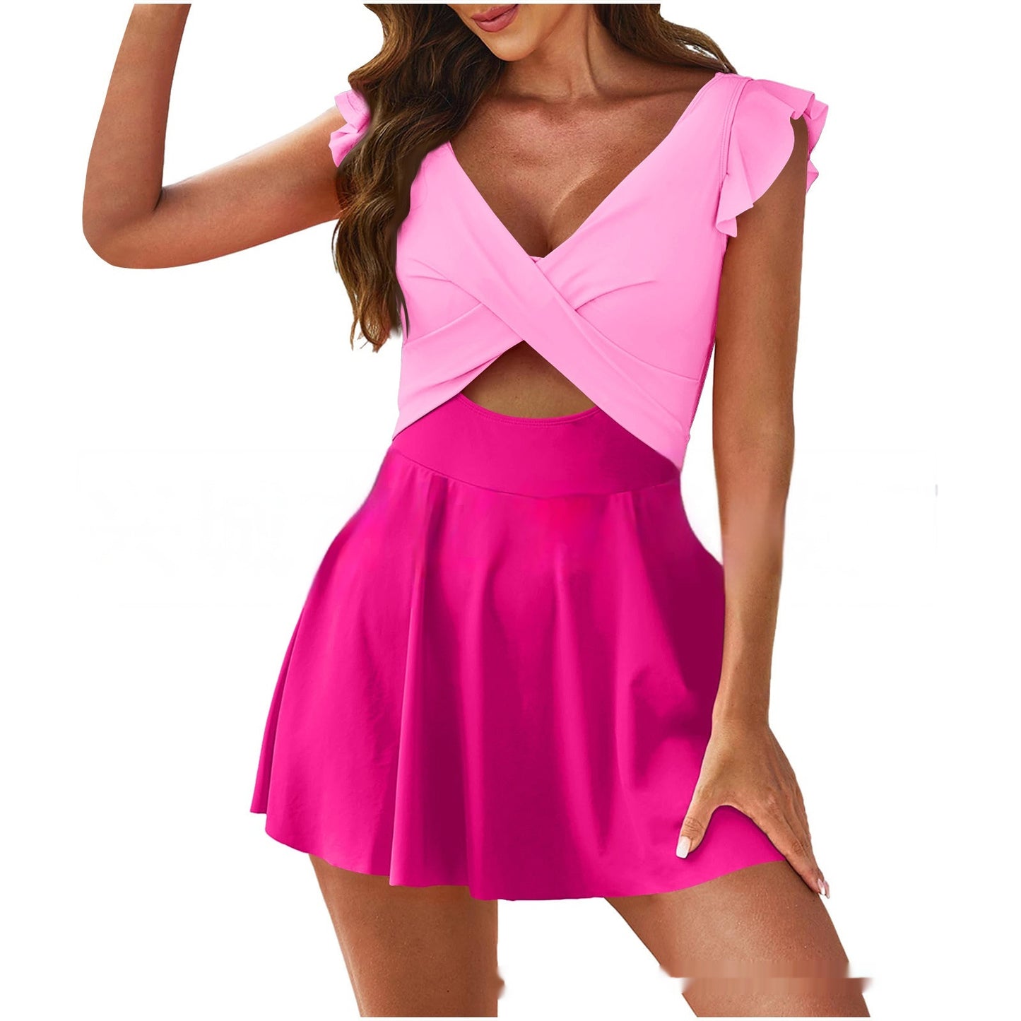 Pink dress with ruffled sleeves on a white background