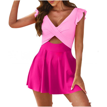 Pink dress with ruffled sleeves on a white background