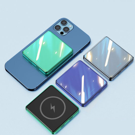 Five smartphones with reflective surfaces on a light blue background