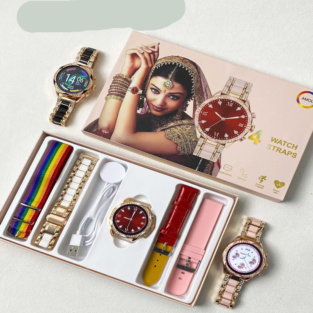 Smartwatch set with multiple watch faces and straps on a white background