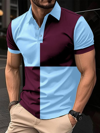 Casual Sports Short Sleeve Color Stitching Turnover Neck Polo Shirt for Men