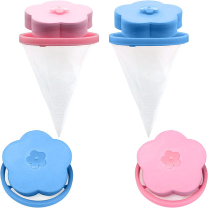 Two blue and two pink lint catchers for washing machines, designed to collect hair and lint from the washing water.