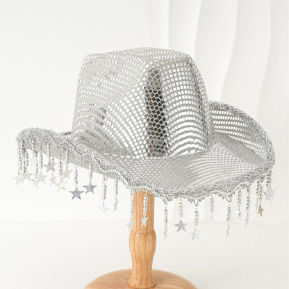 Western Cowboy Hat Sequined Tassel XINGX Design Floppy Hat