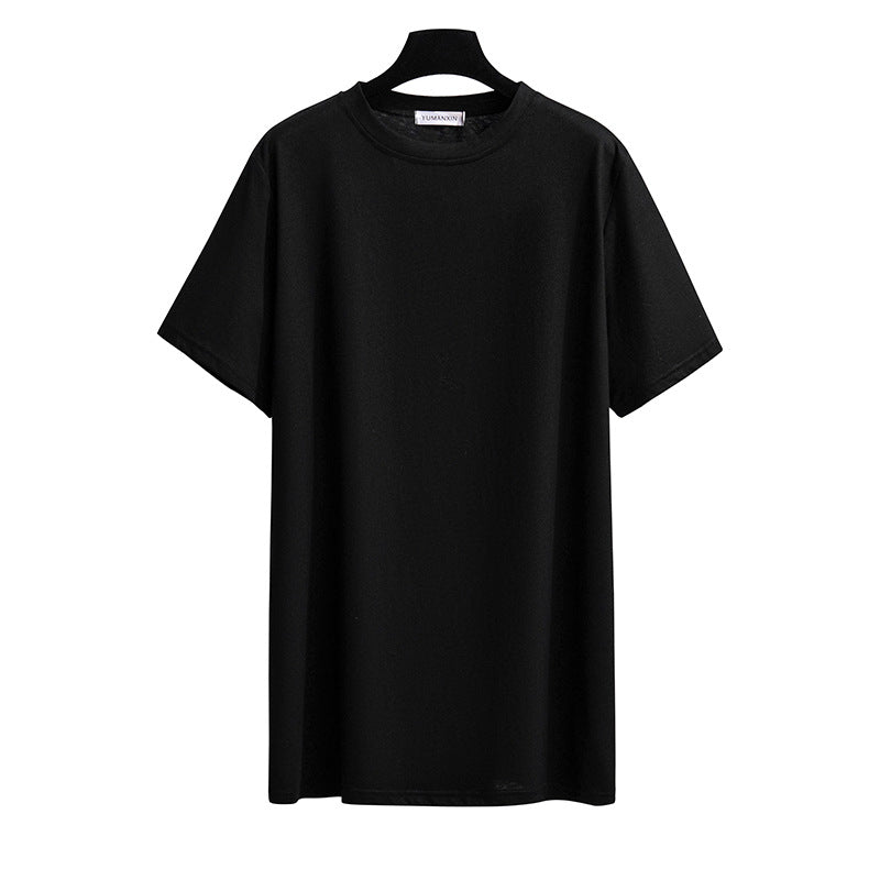 A selection of short-sleeved t-shirts in various solid colors, displayed on hangers in a row.