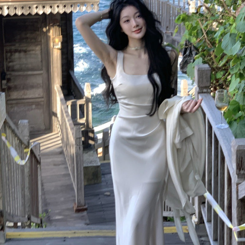 White Suspender Satin Dress Female Summer
