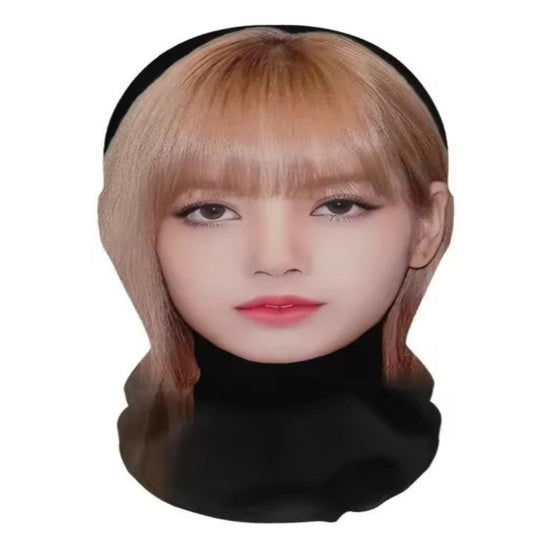 A novelty face mask shaped like a woman's face with blonde hair and a black neck cover, shown against a plain white background.