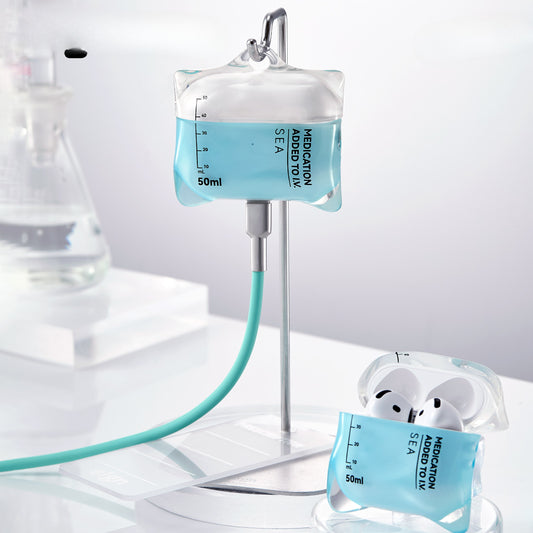 Intravenous bag with a hose and a container labeled 'Medication' on a white background
